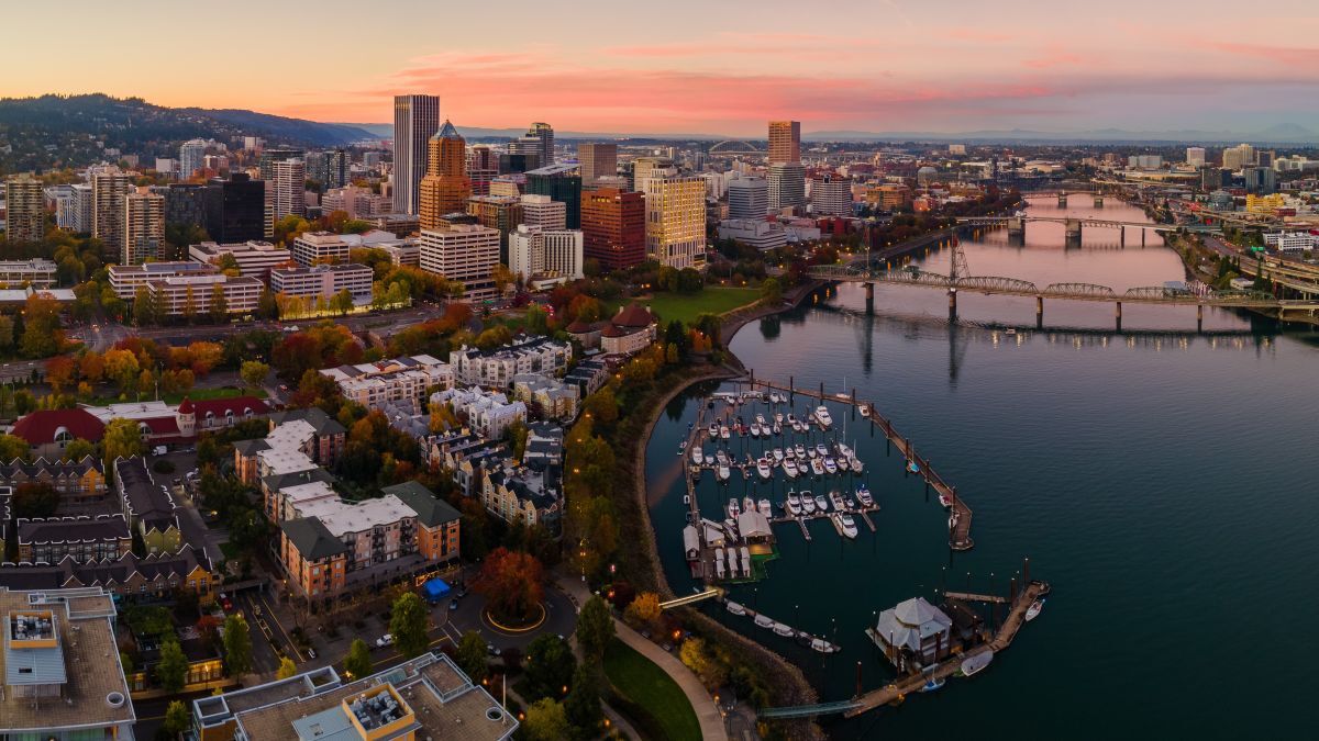 Portland, Oregon skyline bay and downtown skyline