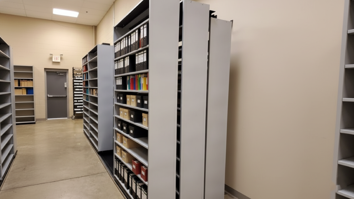 High density file shelving on tracks in a Pennsylvania office