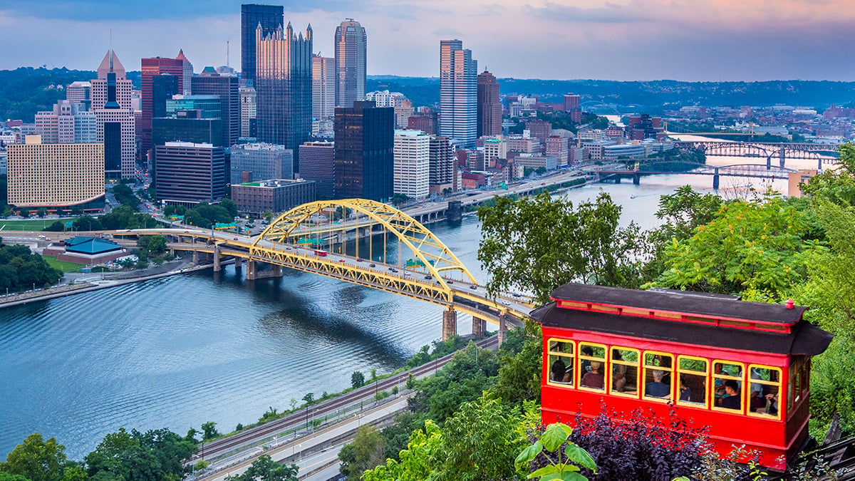 Pittsburgh, Pennsylvania skyline next to a river and bridge