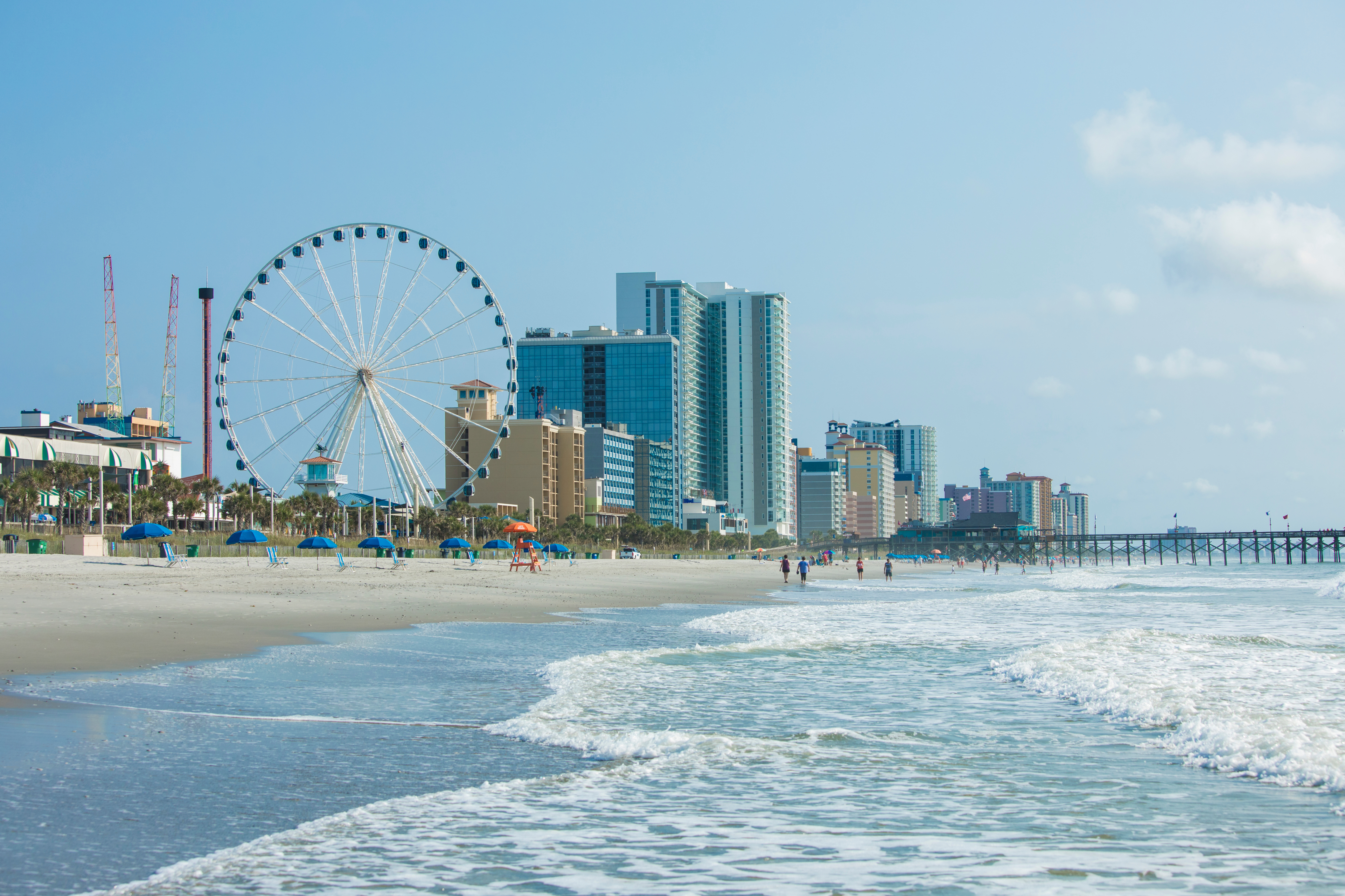 Myrtle Beach waterline looking at the pier and ferris wheel
