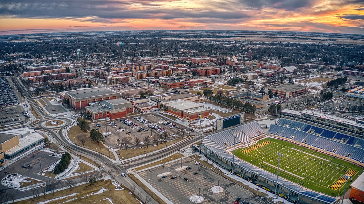 Brookings, South Dakota downtown and school football field