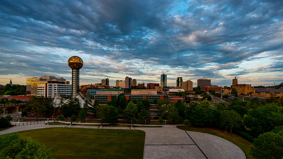 Knoxville, Tennessee downtown skyline from a park