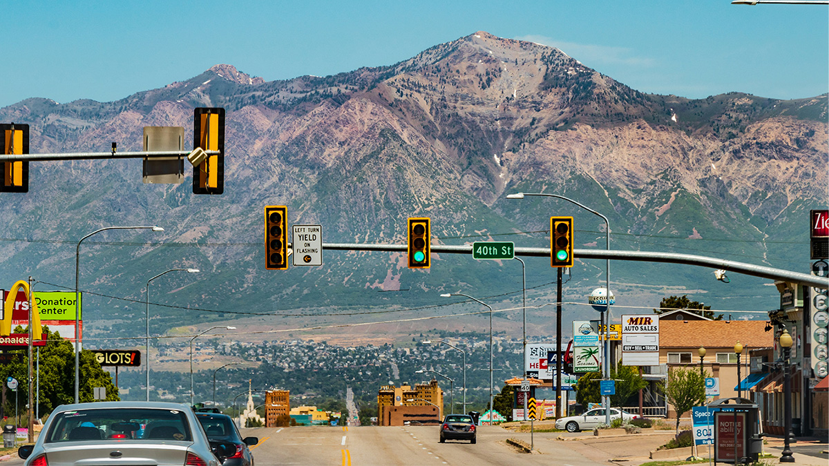 Ogden, Utah city street looking at the mountain range in the background