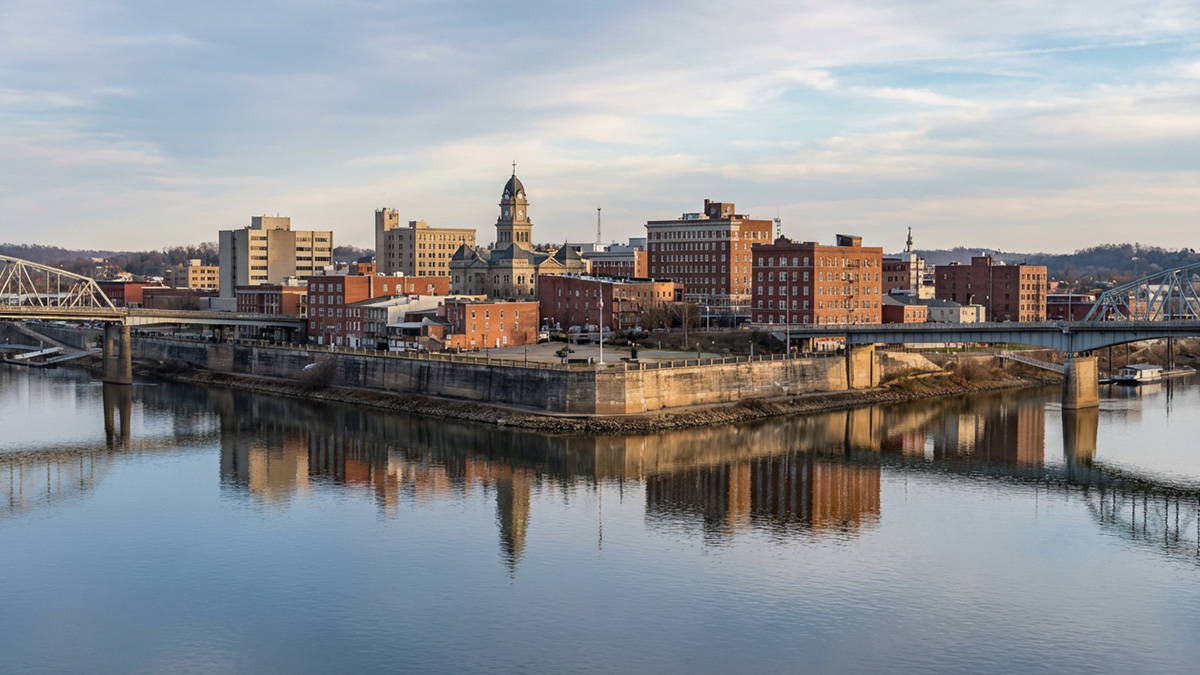 Parkersburg city skyline from across a river