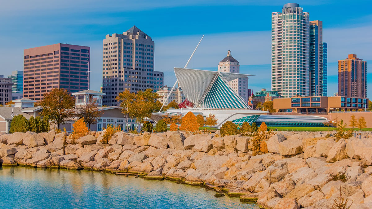 Milwaukee skyline near stone beach